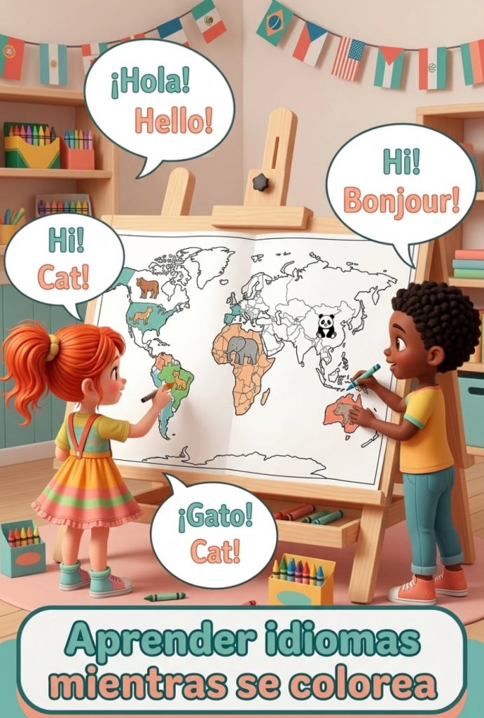 Bimba aprendiendo idiomas mientras colorea