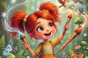 Bimba en el campo con pinceles