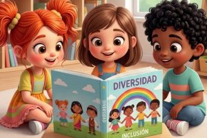 Bimba y sus amigos con un libro de la diversidad